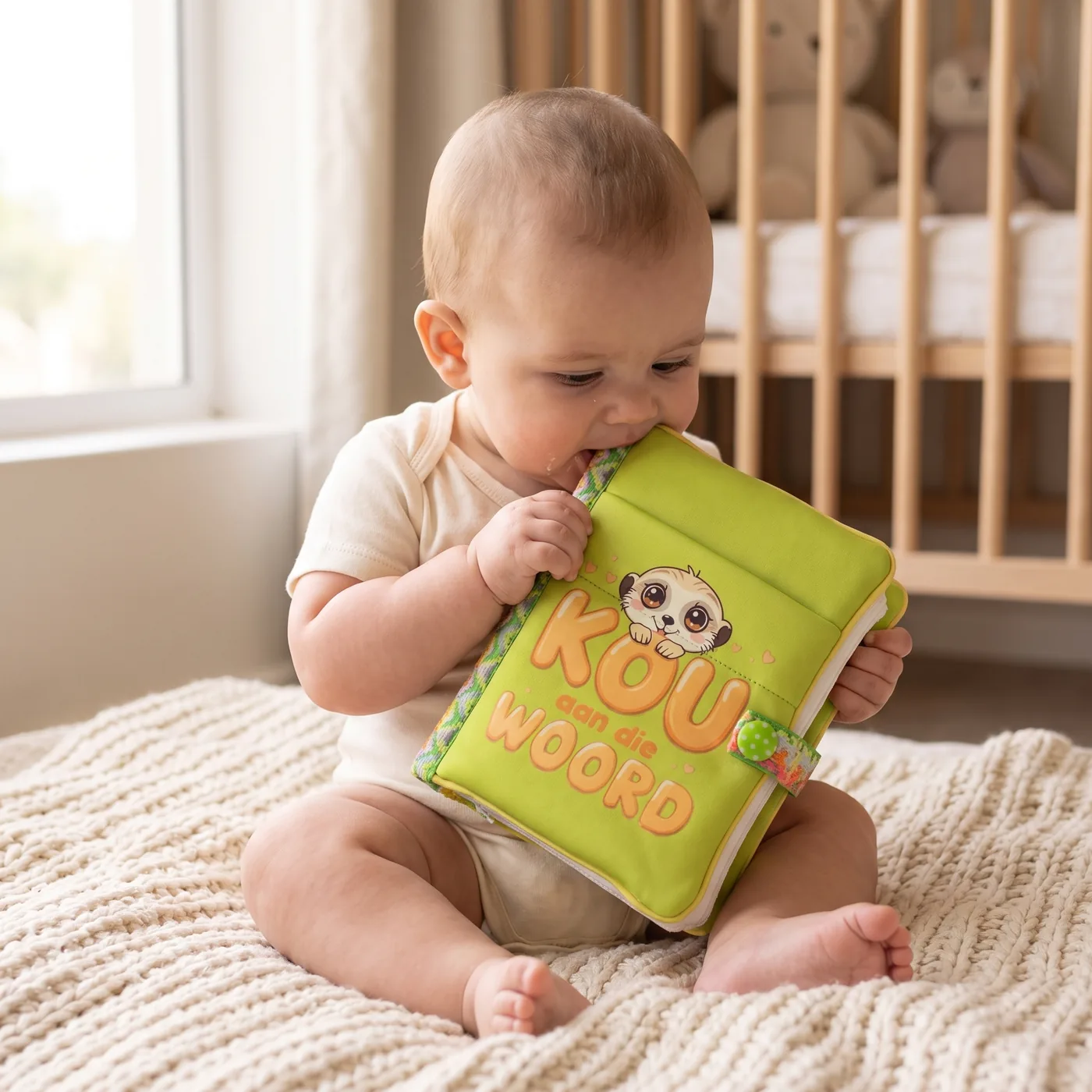A baby chewing the Afrikaans Baby Bible, the meerkat companion embroidered on the cover