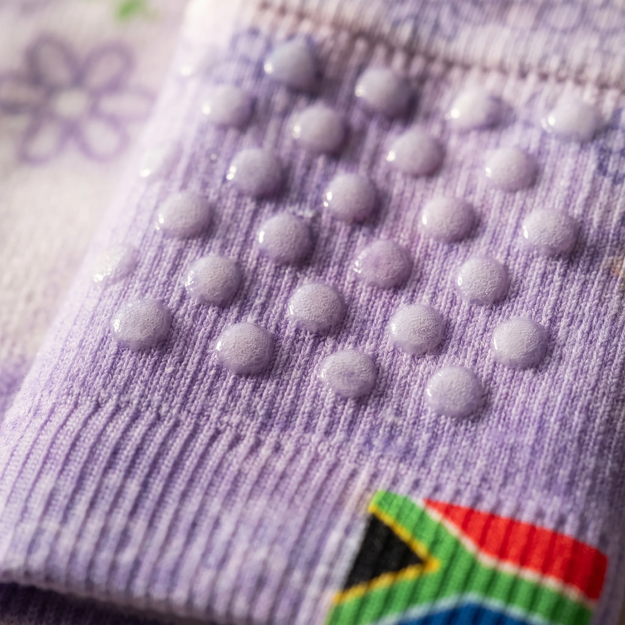 Close-up of the ribbed fabric and silicone grip dots on a lavender knee protector, South African flag tag in the corner