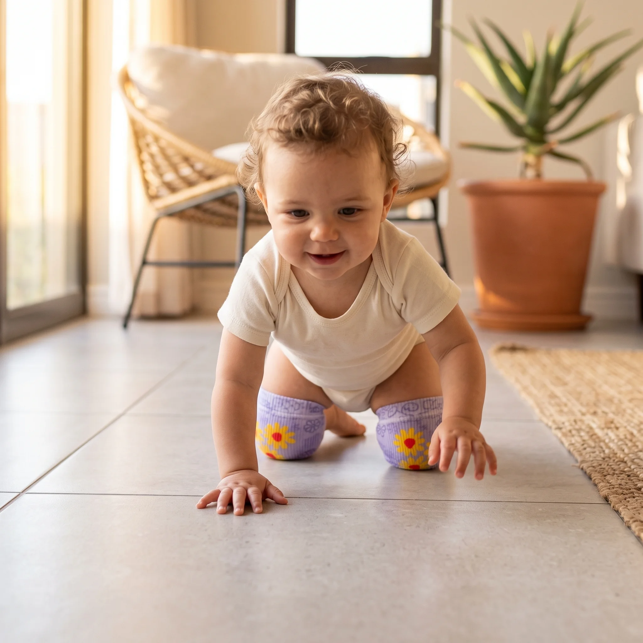 A baby crawling on tiles wearing the lavender knee protectors